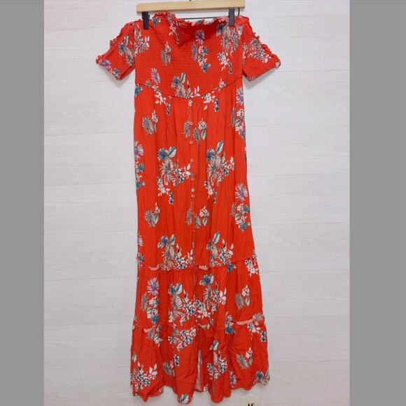 Xhilaration Orange Floral Print Short Sleeve Smocked Button Front Midi Dress - Picture 1 of 6